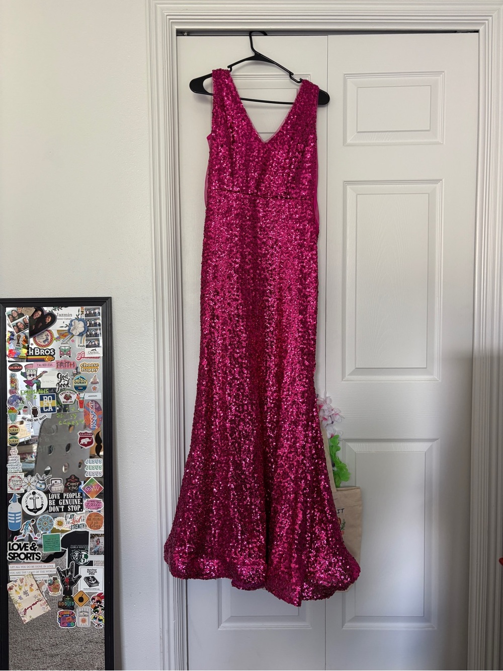 Hot Pink Sequin V-Neck Evening Gown - Prom Dress - School Dance Dress